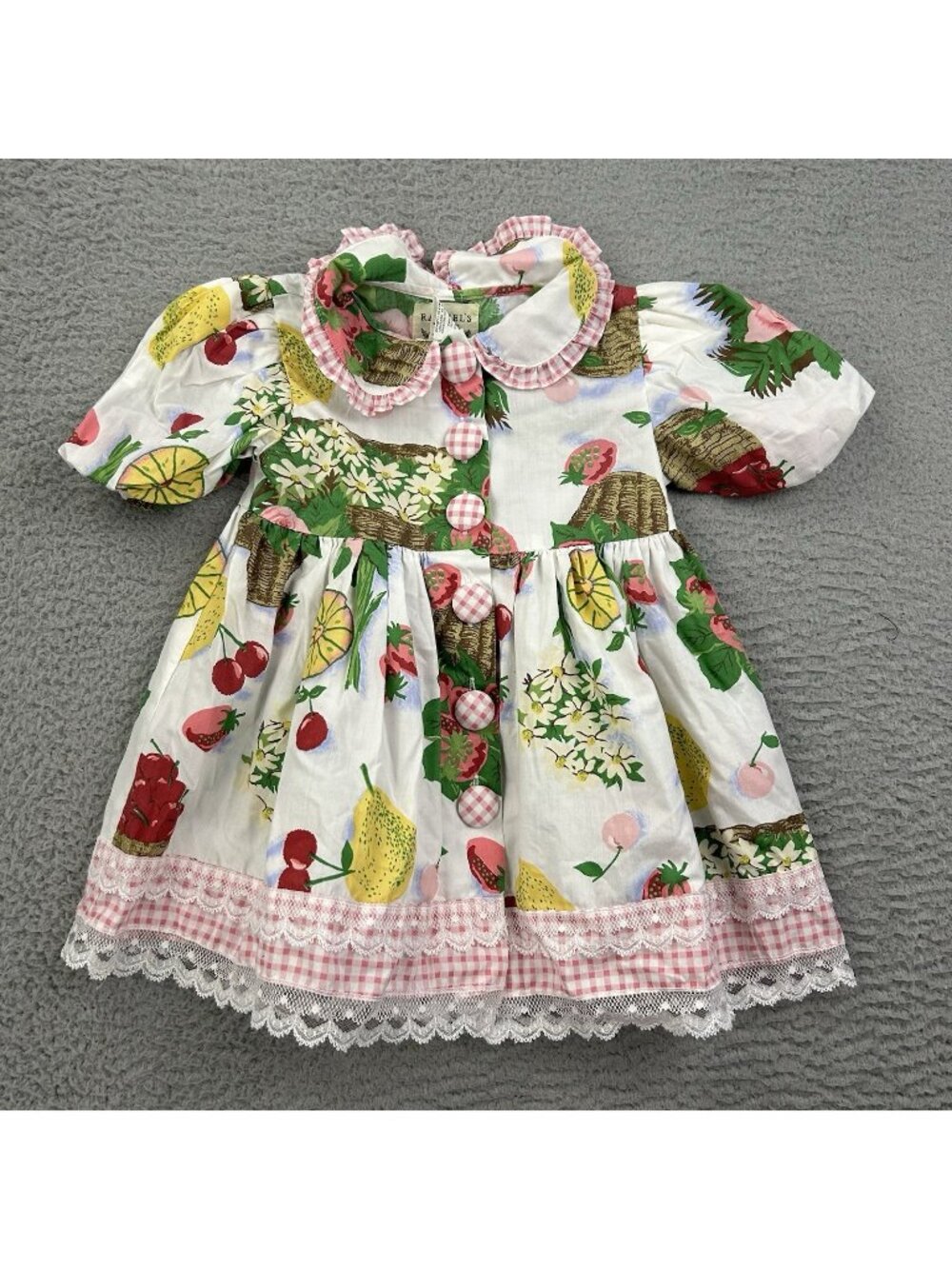 Vtg Rachel's Kids Floral Collared Puff Sleeve Dress Size 3T Cherry Pear Toddler